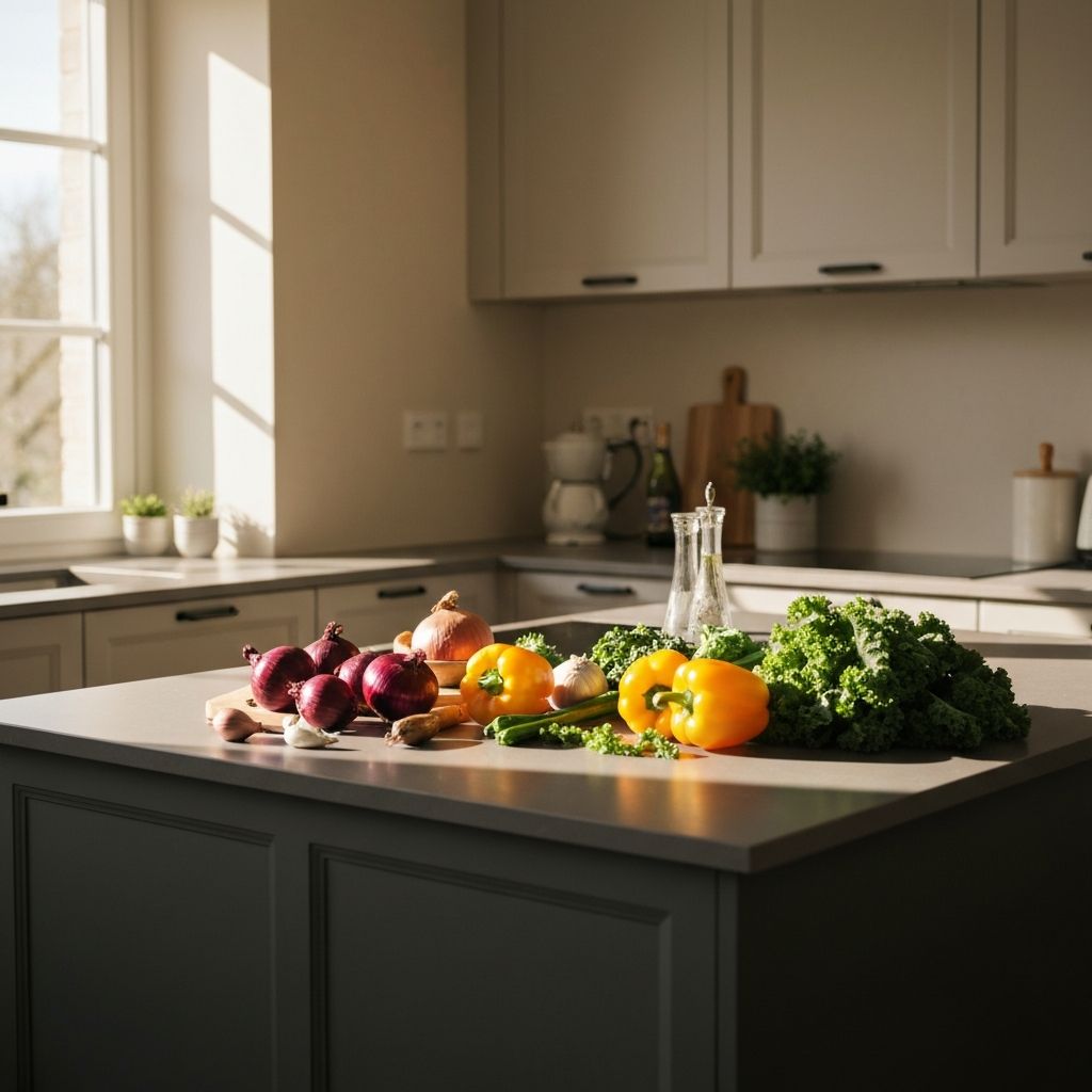 Neutrale Küchensituation mit frischen Lebensmitteln